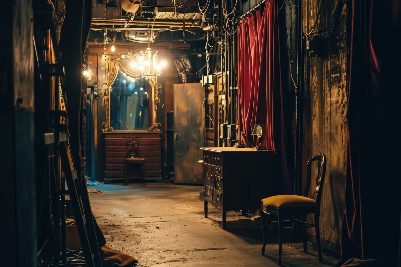 Szenen zum Welttheatertag im Retro-Stil mit Vintage-Backstagebereich.